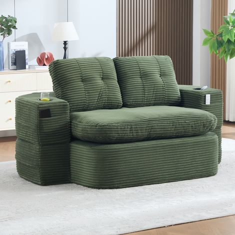 Canapé convertible 2-en-1 en velours côtelé émeraude, assise extra profonde, dossier haut, porte-gobelets - vert (1/5)