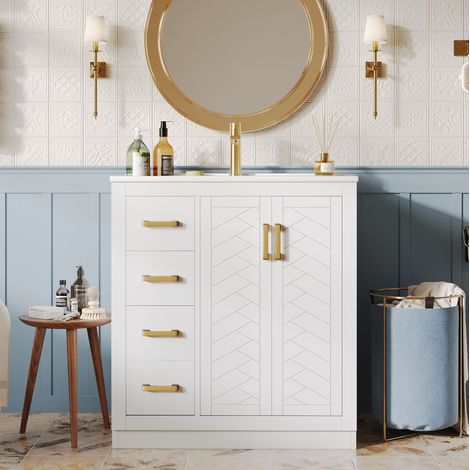 Mobile bagno con lavabo in ceramica e MDF bianco 76,5x46,5x84,5 cm con 3 cassetti e ripiani laterali (1/5)