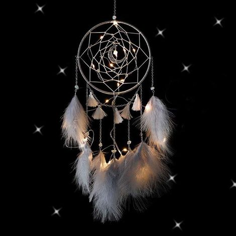 Attrape-rêves avec lumière LED, attrape-rêves fait à la main avec plumes, chambre de fille, chambre à coucher, décoration romantiqu (1/5)