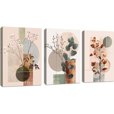 3Pcs Beige Géométrique Abstrait Tableau Decoration Murale, Botanique Feuille d'eucalyptus Affiche Decoration Murale Moderne Floral Tableau Peinture Sur Toile Murale Deco pour Salon Chambre 50X70cm (1/5)