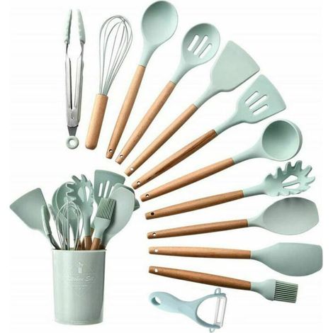 Ustensiles de Cuisine,Silicone Ustensiles de Cuisine en Bois Ustensiles Cuisine Antiadhésive Set,Silicone de qualité Alimentaire,11 pièces ustensiles de Cuisine (1/5)