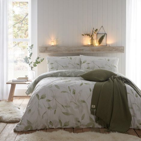 Housse de Couette Eco Green Plants 200 x 200 cm Coton brossé très Doux Coton recyclé Durable 2 taies d'oreiller Housse de Couette à Fleurs Vertes Literie Blanche (1/5)