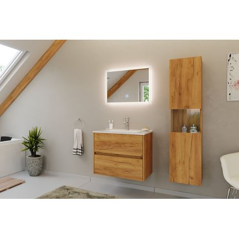 Badmöbel Set Taifun 3tlg. 70cm mit LED Spiegel und Hochschrank eiche gold (1/5)