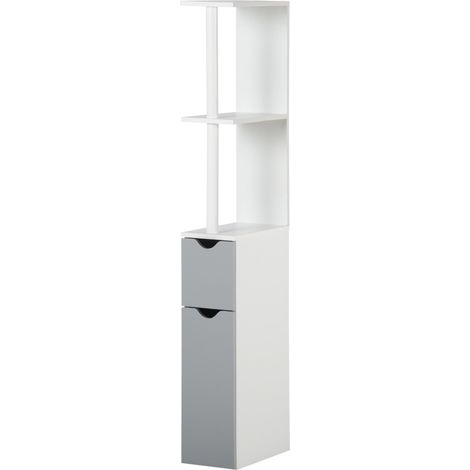 Badezimmer-Säule mit 2 Ablagen und 2 Schränken, Holz, 15,2 x 29,8 x 118 cm, Weiß und Grau