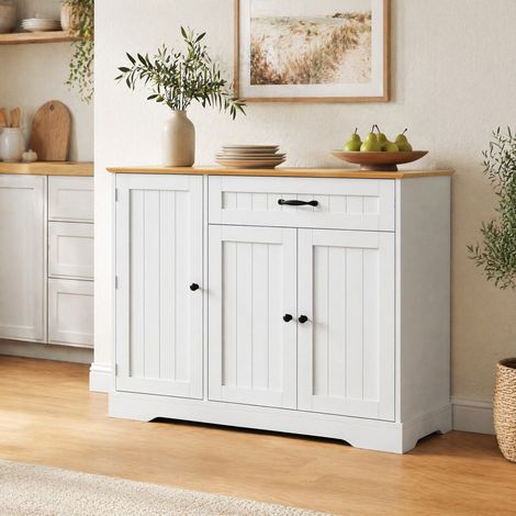 Aparador buffet 3 puertas y 1 cajón 107 x 40 x 83,4 cm MDF blanco y natural DESVIAE (1/5)