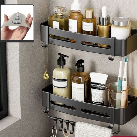 Etagère Douche, Serviteur de Douche Sans Perçage 2 Tablettes, Paniers Rangement d'Organisateur de Douche Mural Porte Savon Douche Acier Inoxydable pour Salle de Bain et Cuisine (1/4)