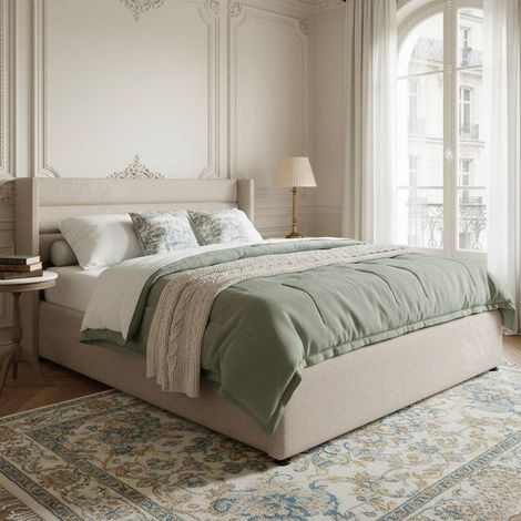 Letto contenitore 160x200 con testiera con orecchie, in tessuto lino, con vano contenitore e sollevamento idraulico, stile contemporaneo, beige (1/5)