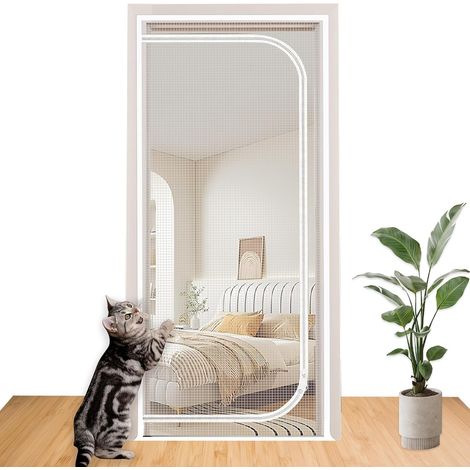 Barrière pour chat en polyester blanc, auto-adhésive et anti-rayures avec fermetures éclair double face, convient aux portes de 19 x 7 m pour salon, chambre à coucher, cuisine et balcon (1/5)