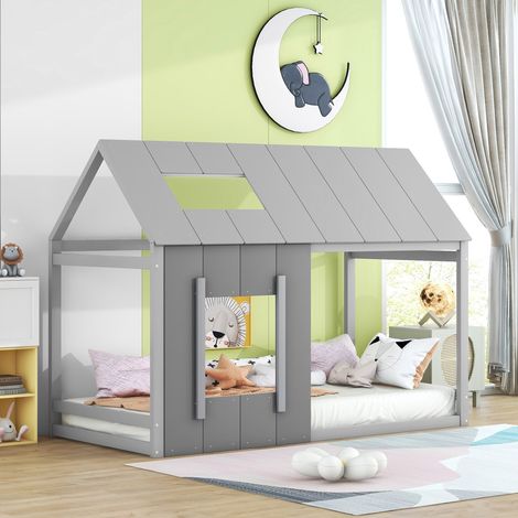 Lit maisonnette 90x200 cm pour enfant, toit et fenêtre inclus, coloris gris clair et gris foncé
