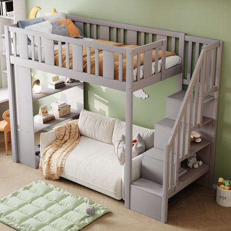 Lit mezzanine 90x200 avec rangements bois gris HAVRYA (1/5)