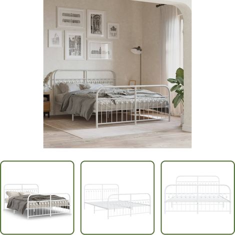 vidaXL Lit avec tête et pied - Cadre de lit métal sans matelas et pied de lit blanc 150x200 cm (1/5)