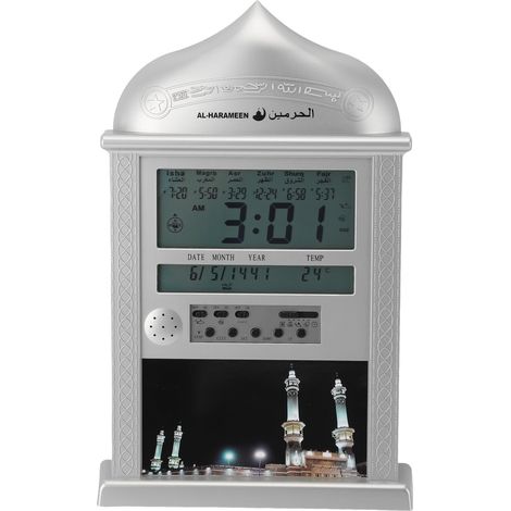 Eosnow Digitale Azan-Moschee-Gebetsuhr, Kalender, Alarm, multifunktional, muslimische Wand für Heimdekoration, Silber