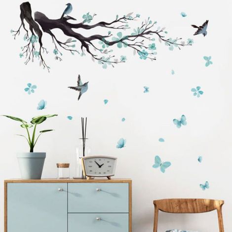 Autocollant Mural - Fleur Branche - Motif Arbre Oiseau - Bleu - Amovible Impermeable - 1 Unite (1/5)