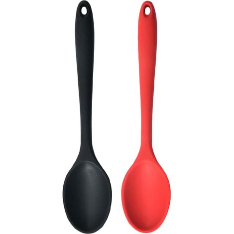 Lot 2 cuillères silicone noir/rouge petites, antiadhésives résistantes chaleur, pour salade/cuisson/service