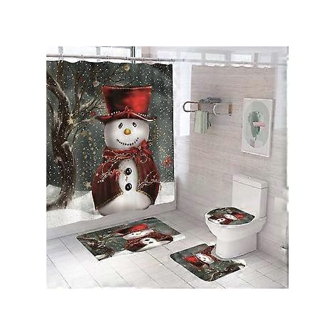 4-teiliges Weihnachts-Schneemann-Duschvorhang-Set, Weihnachts-Duschvorhang-Set mit Teppich, WC-Deckelbezug und Badematte für weihnachtliche Badezimmerdekoration