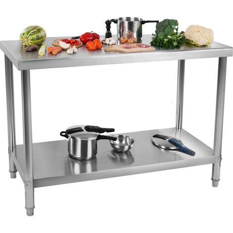 Table de cuisine, plan de travail en acier inoxydable, étagère inférieure, 120x70cm (1/7)