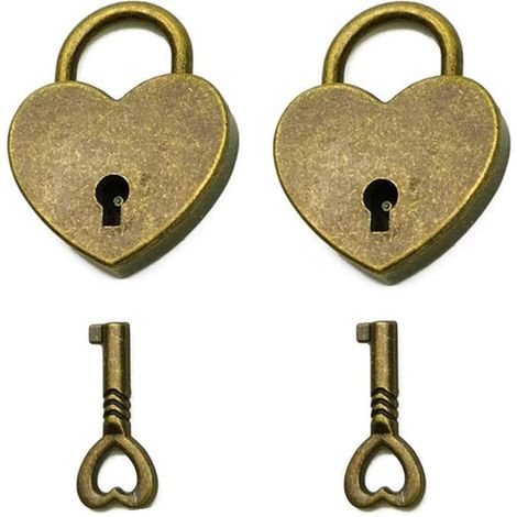 Set of 2 Vintage Style Heart Shaped Mini Padlock with Key Antique Bronze (1/5)