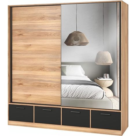 Schrank 200cm mit 2 Schiebetüren mit Spiegeln und 4 Schubladen in Eichen- und Schwarzfarbe. Kollektion EOS (1/5)