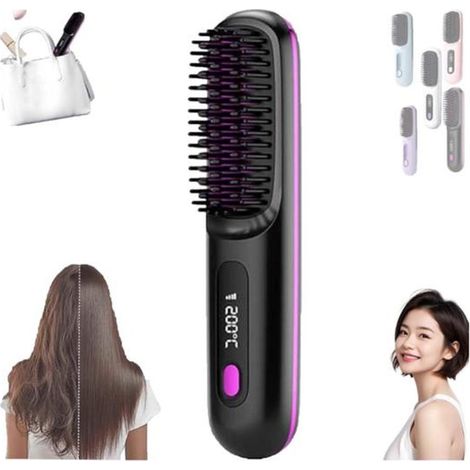 1 pièce Lisseur chauffant sans fil, 3 réglages de température, écran LED, brosse lissante rechargeable USB pour cheveux fins à épais