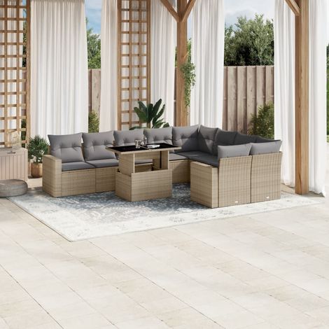Juego de sofás jardín con cojines beige 10 pzas ratán sintético vidaXL (1/5)