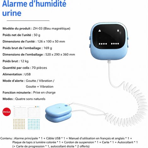 Alarme pipi au lit filaire ZH-03 détecteur d'énurésie magnétique bleu étanche en ABS et PC zh-03 bleu réf 1992 12,6 × 10 × 5 cm 169 g – Livraison gratuite