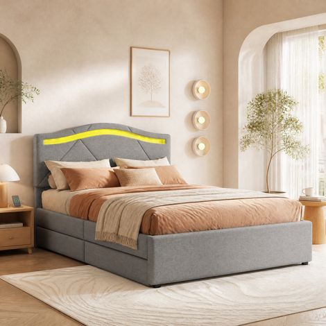 Cama tapizada 90x200 cm gris en lino y MDF con LED, somier, 2 cajones y cabecero ajustable (1/5)