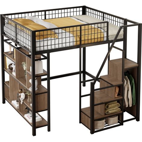 Cama Alta 140×200 cm, Cama Doble con Escalera de Almacenaje y Estantes, sin Colchón, Negra (1/5)