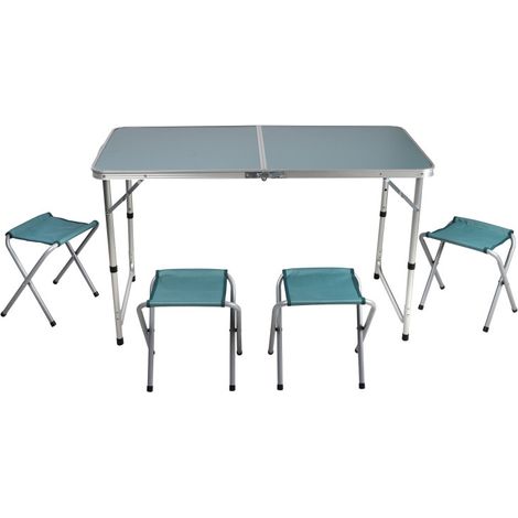 Table pliante 120cm Camping + 4 Tabourets Aluminium - Ensemble Compact Transportable Bleu - Livraison gratuite