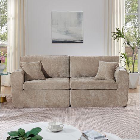 Canapé relax 2 places marron en chenille avec poches latérales, porte-gobelets, coussins et port USB (1/5)