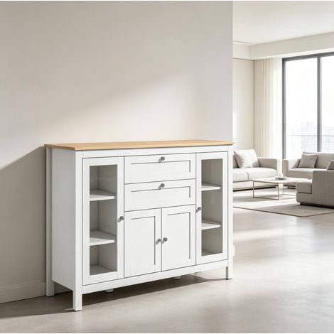 Buffet vitré 120x40x90 cm en MDF blanc, rangement intégré pour salon, stable – MEUBLIV (1/5)