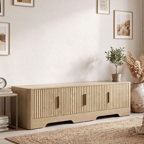 Meuble TV 140 cm, Meuble Télé pour Téléviseur jusqu'à 60 Pouces, 4 Portes Cannelées et Étagères Réglables, Chêne (1/5)