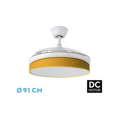 Ventilator DC FASHION --Ventilator Weiß mit drei ABS-Klappflügeln und gelbem Diffusor 6 einstellbare Geschwindigkeiten 3 Temperaturen 3 Lichter mit Zeitschaltuhr und mitgelieferter Fernbedienung (1/2)