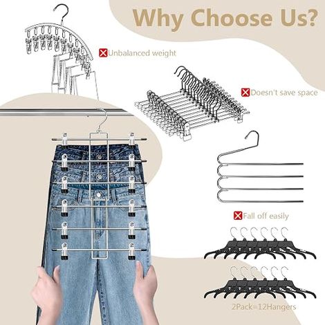 Lot de 2 cintres à pantalons à 6 niveaux avec pinces, organisateur de placard gain de place avec crochet pivotant à 360°, cintres pour jupes et vêtements – Indispensable pour les résidences étudiantes (1/4)