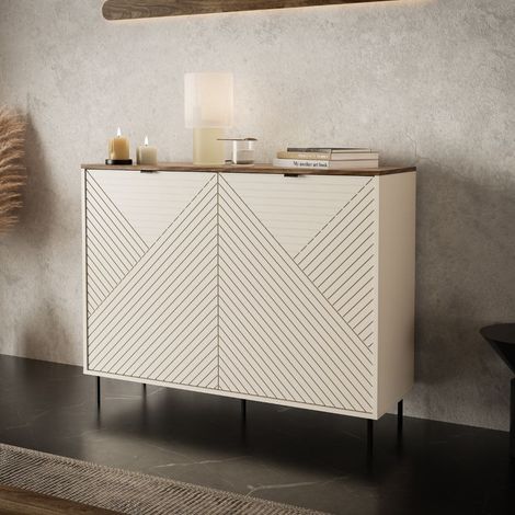 Credenza Mirage01 con 2 ante design geometrico colore cashmere e top rovere (1/5)