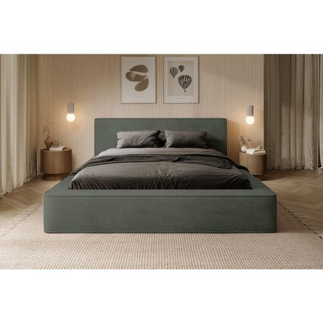 Letto contenitore VELORA – Verde abete – 140x200 cm – Tessuto velluto morbido – Rete sollevabile – Spazio di stoccaggio integrato