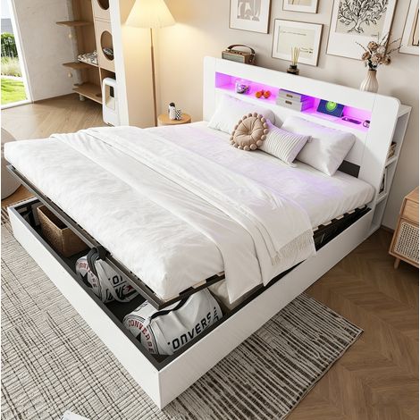 Lit moderne en bois 180x200 cm blanc avec coffre hydraulique, tête de lit à rangements, LED et prises (1/5)