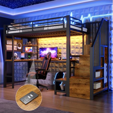 Cama alta infantil 90x200 cm con escritorio, luz LED, puerto USB Type-C, estanterías, estructura de metal y MDF negro (1/5)