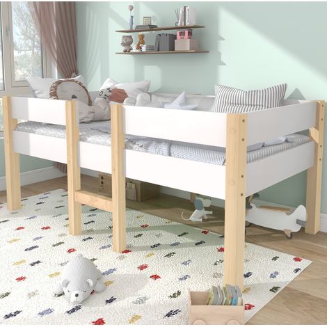 DESVIAE Lit mi hauteur enfant avec barrière de sécurité blanc 90 x 190 cm en pin massif (1/5)