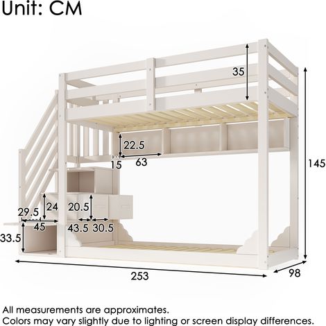 Lit superposé pour enfants 90x200 cm blanc avec escalier, penderie et rangements, lit enfant gain de place en bois pour frères et sœurs avec barrière de sécurité et compartiments de rangement, sans ma (1/4)
