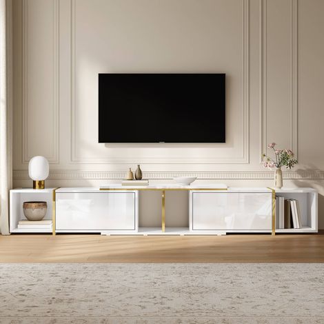 Meuble TV extensible 190 à 275 cm, banc TV blanc brillant avec niches ouvertes et détails dorés, en panneaux de particules, salon, Blanc (1/5)