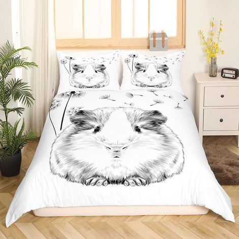 Bettwäsche-Set 135x200 cm mit Meerschweinchen-Motiv und Löwenzahn, Kinder Bettbezug, Grau Weiß