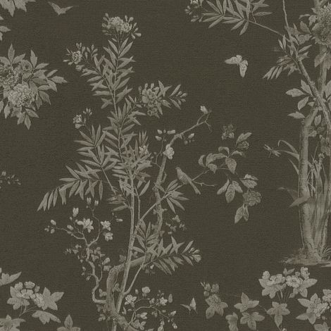Blumen Tapete Profhome 790436 heißgeprägte Vliestapete leicht strukturiert mit floralen Ornamenten matt anthrazit schwarz-braun quarz-grau 5,33 m2