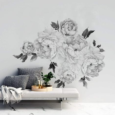 Décor mural floral pivoine noir et blanc, autocollant mural amovible bouquet de fleurs monochrome, sticker adhésif pour salon entrée (1/5)