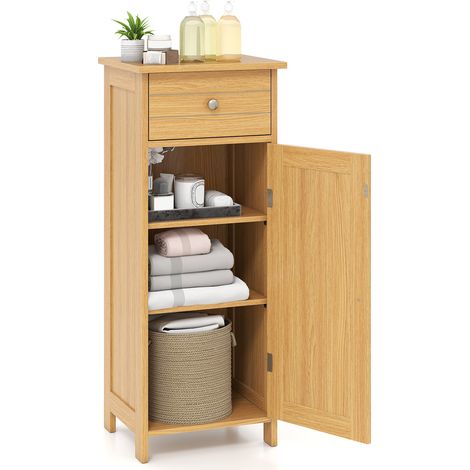 COSTWAY Bathroom Storage Cabinet Floor Standing Wooden Cupboard-Natural (1/5)