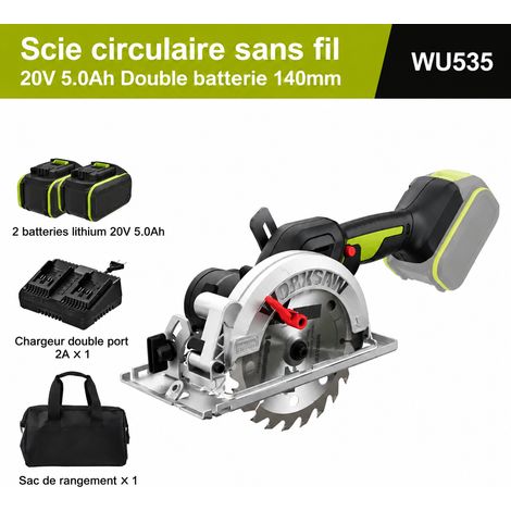Scie circulaire sans fil 20V WU535 ‘ 5.A 2 batteries 2 chargeurs, 5.0 Ah, 4.45 kg, lame 140 mm, 1 × 1 × 1 cm, 1 g – Livraison gratuite