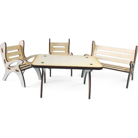 Ensemble de Table 4 pièces, composé d'une Table, 1 Banc de Jardin et 2 chaises en Bois, Hauteur : Environ 6 cm (1/3)