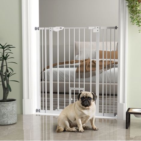 REDOM barrera de seguridad para mascotas 110x73x6.5 cm, doble cierre, puerta de cierre automático, acero y plástico blanco (1/5)