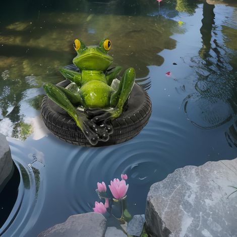 Mini étang - Grenouille flottante - Sculpture décorative - Grenouille dans un pneu - Sculpture pour extérieur, jardin, étang, cour, environ 13 x 15,5 x 8,5 cm