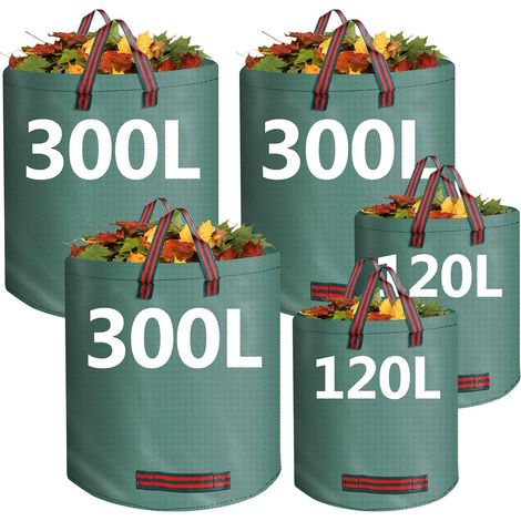 Lot de 5 Sacs à Déchets de Jardin, 300Lx3 et 120Lx2, sacs de jardin avec poignées, réutilisables, pour la collecte des déchets, débris, feuilles (1/5)