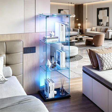 FOERPL-Glasvitrine mit LED-Beleuchtung, Säulenvitrine mit 3 Ablagen für Sammlungen, Glas-Weinschrank mit 1 Tür und Schloss Vertikale Sammlungsvitrine/Aufbewahrungsvitrine